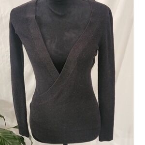 White House Black Market Black Metallic Wrap V-Neck Sweater XXS Long Sleeve‎